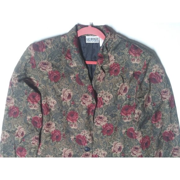 VTG Womens Floral Blazer Jacket Sz 18 poly-wool blend Liz Baker green burgundy - Picture 3 of 10